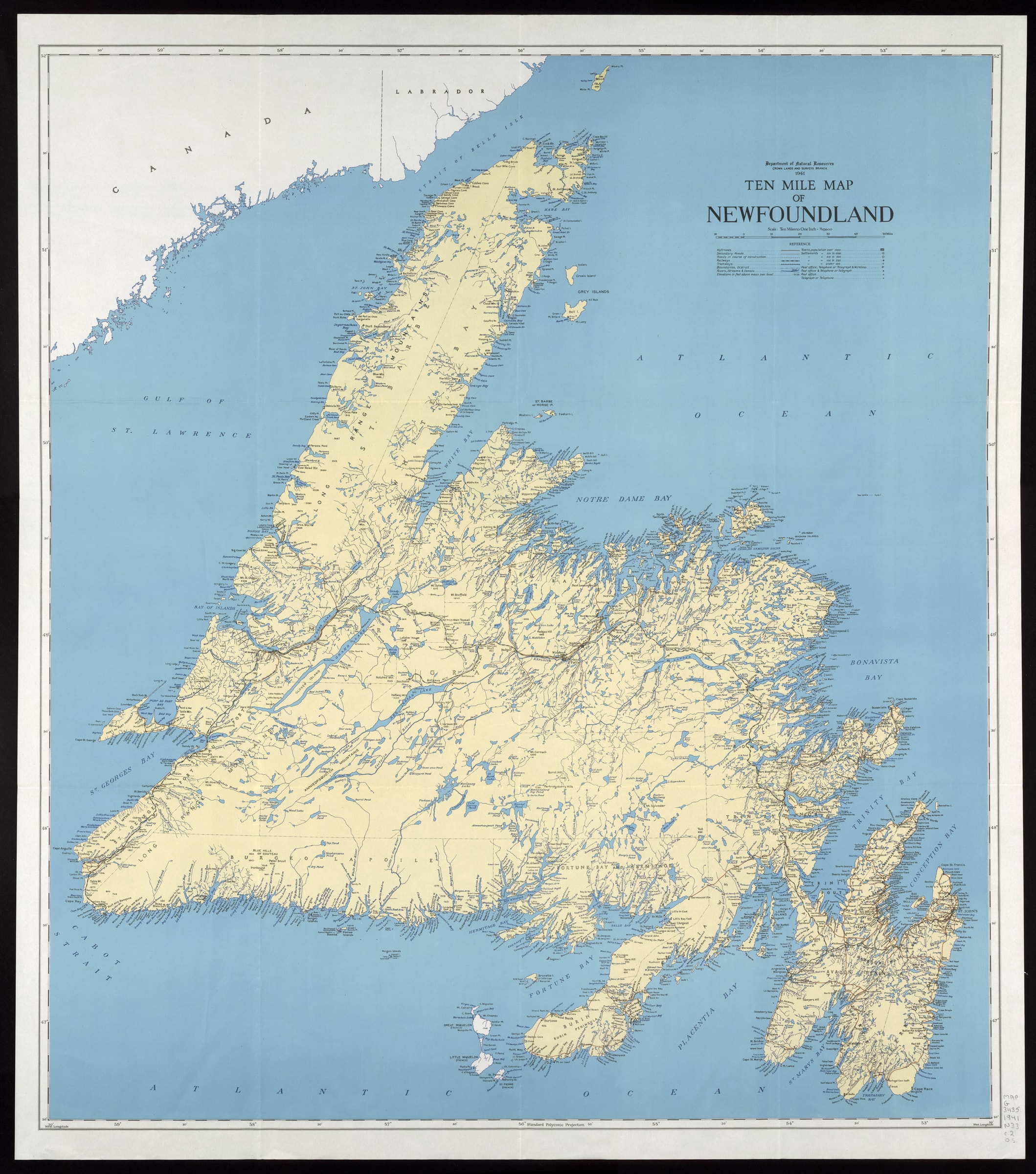 Colour map of Newfoundland published in 1941 by the Department of Natural Resources, showing roads, railway, district boundaries, and coastal place names.